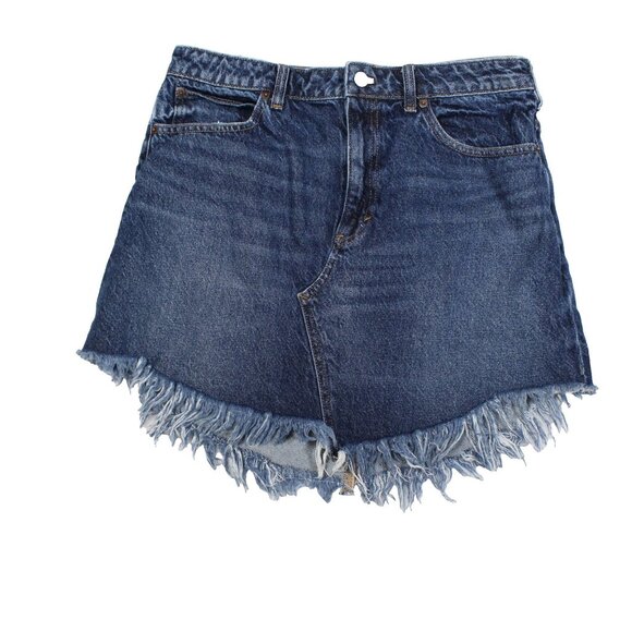 Free People Bailey Denim Mini Skirt Womens 31 High Rise Raw Hem Fringe Y2K Boho - Picture 1 of 8